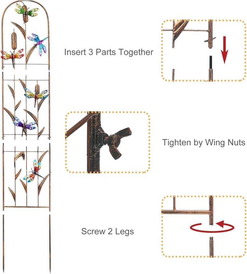 LEWIS&WAYNE 2 Pack Metal Garden Trellis with Colorful Dragonfly 60 Inch High Outdoor Decoration Arched Fence Trellis for Climbing Plants for Patio, Lawn, Yard, Backyard, Wall Brackets - Image 4